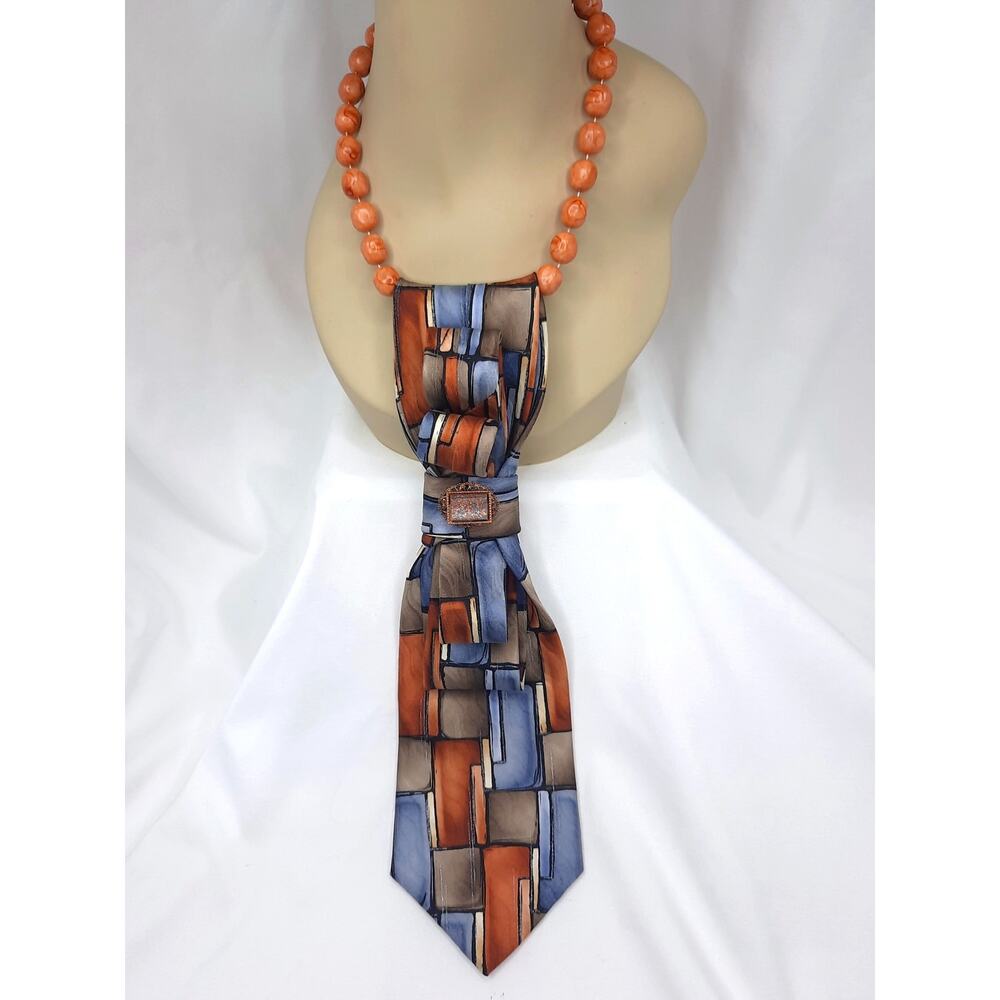 Artisan Vintage Silk Tie Necklace Blue Brown Orange Abstract Pendant Beaded NEW